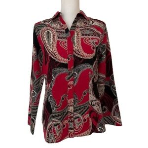 New Chicos Woman’s Black Red No-Iron Cotton Paisley Button Down ShirtTop, Sz 00